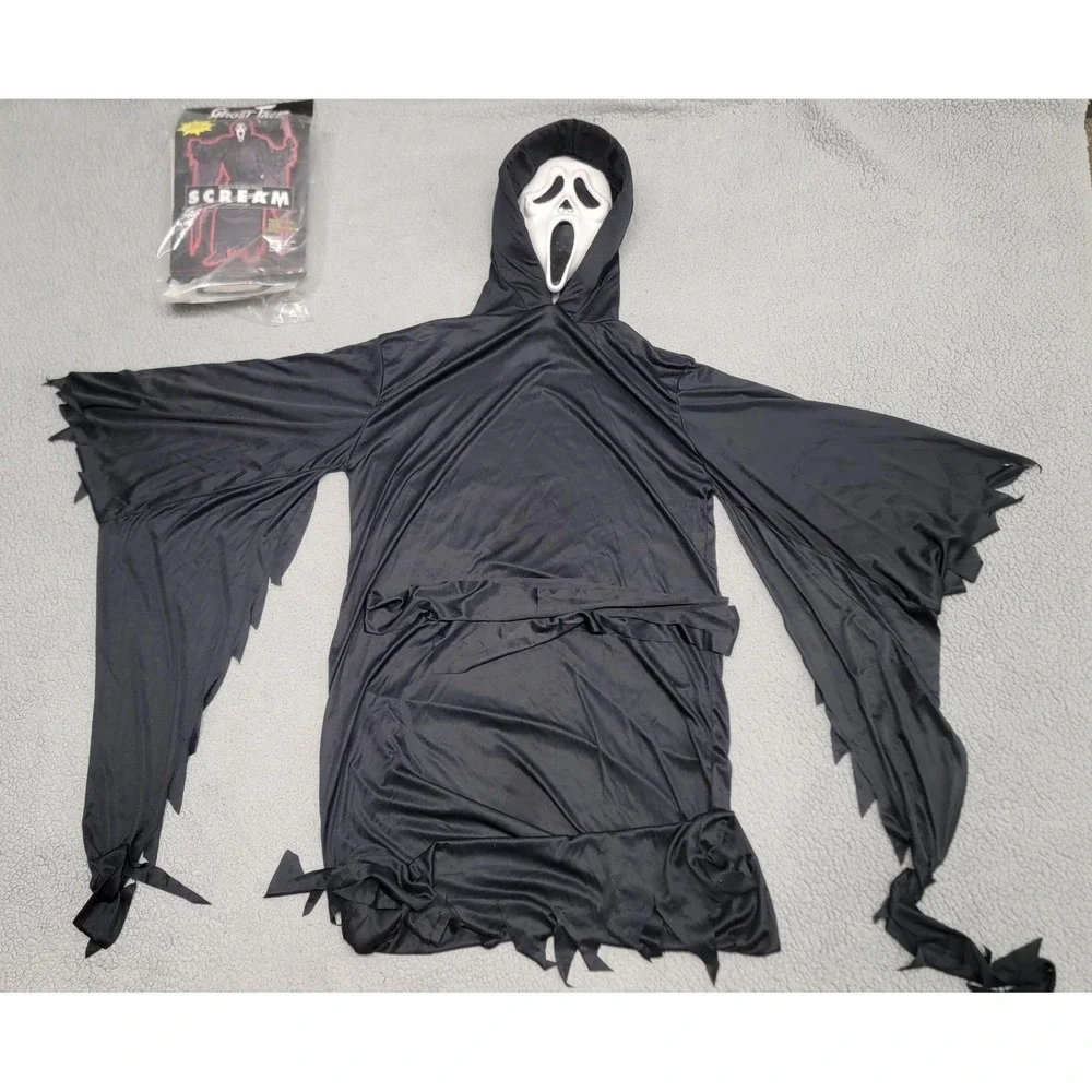 Vintage Ghost Face Fun World EU Scream Mask Black Hood Costume Adult One‎ Sz 90s
